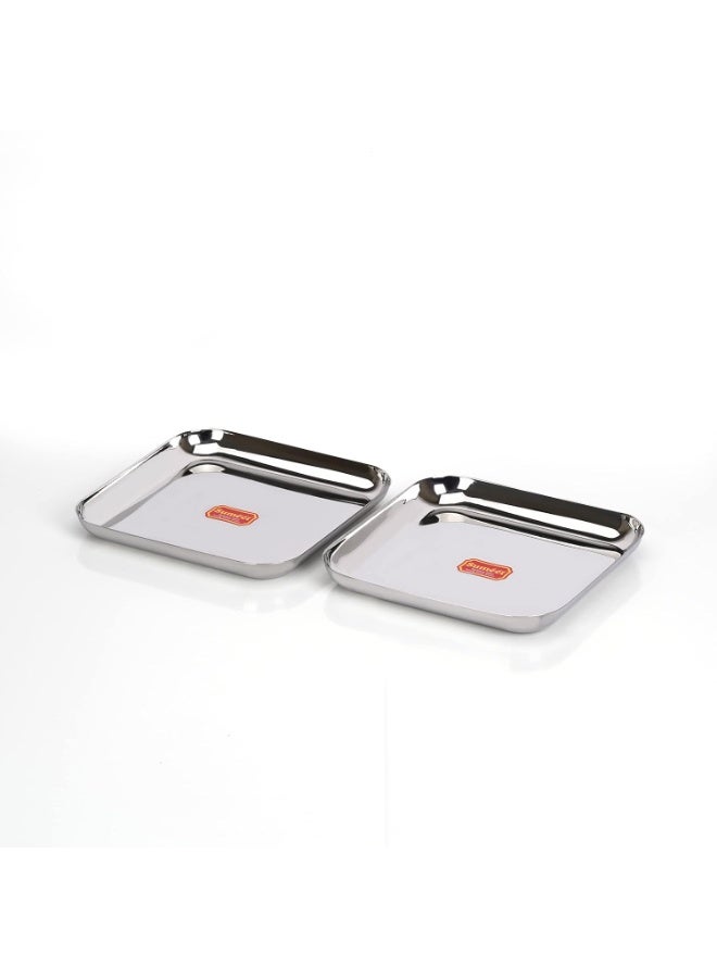 Sumeet Stainless Steel Medium Square Shape Plate/Snacks Plate/Breakfast Plate Set of 2pcs, 20cm dia, Silver - Image 2